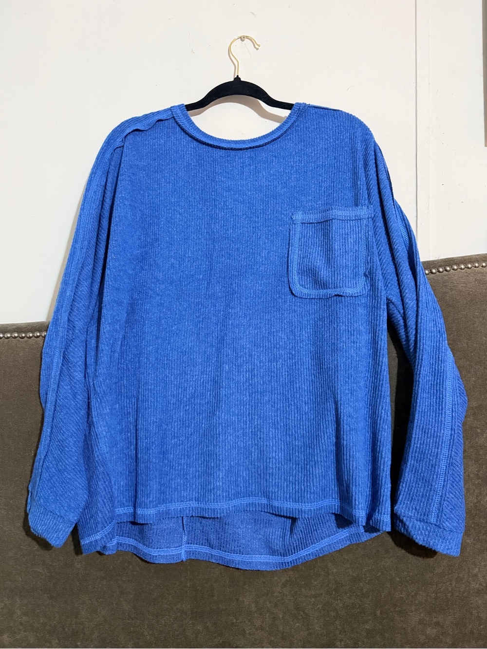 Zenana Outfitters Blue Ribbed Long-Sleeve Top with Chest Pocket